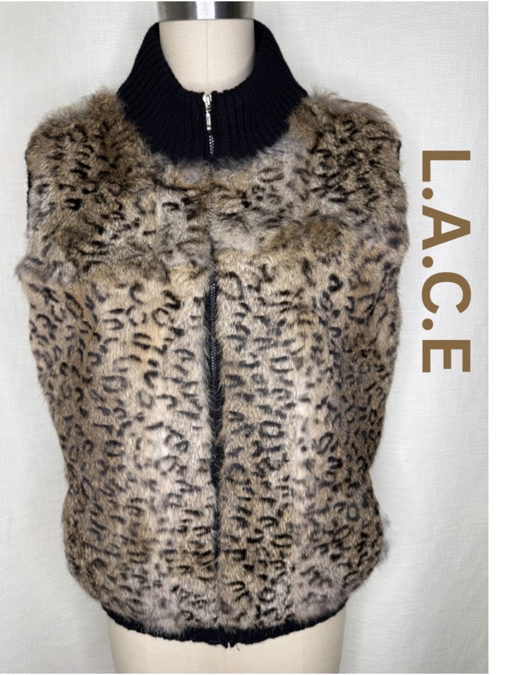 L.A.C.E. Faux Fur Vest Leopard Rabbit Fur Wool Knit Size L Luxe Winter Chic